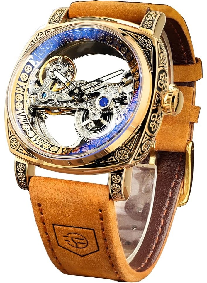 FORSINING Men's Luxury Square Carving Mechanical Watch, Retro Totem Double Sided Hollow Skeleton Self-Wind Automatic Watches, Vintage Leather Strap Wristwatch Reloj para Hombre - Image 1